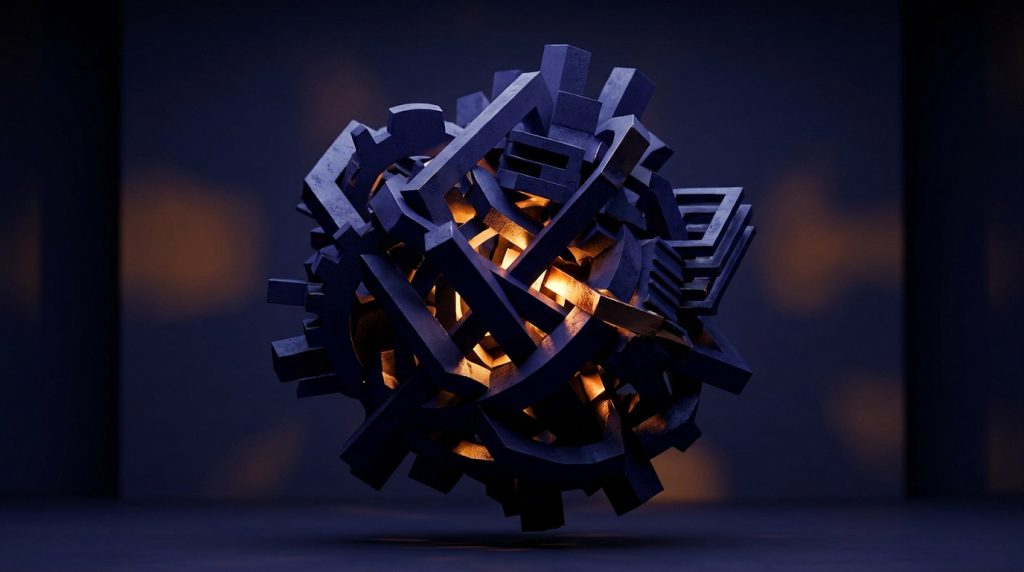 Sculpture 3D abstraite de formes sombres entrelacées avec une lumière dorée centrale. Évoque un problème complexe à démêler.