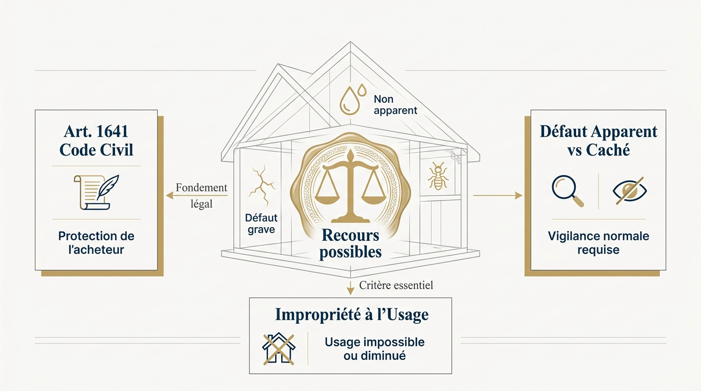 Illustration juridique du cadre légal des vices cachés en immobilier