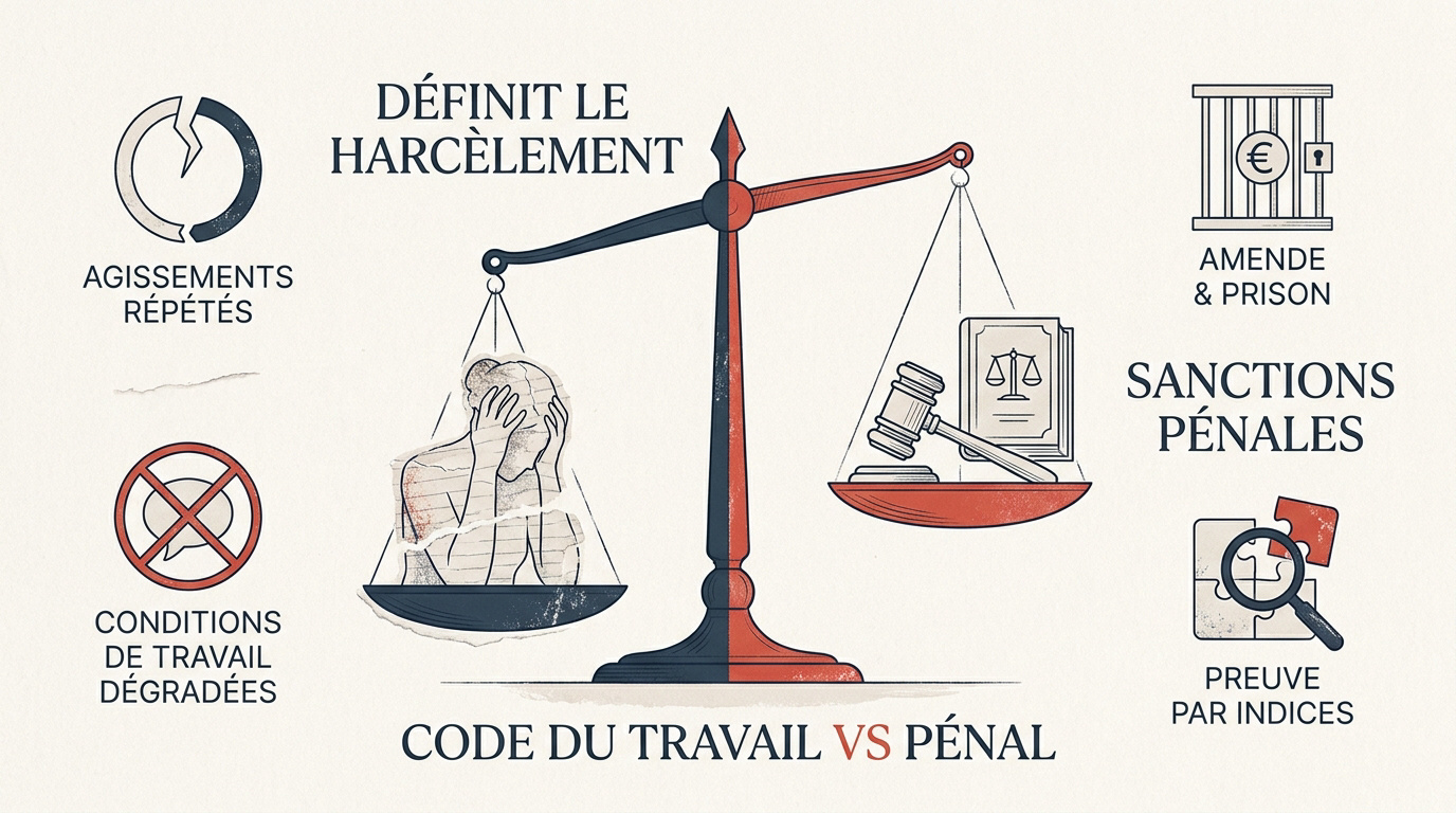 Représentation symbolique de la justice et du cadre légal protégeant les salariés contre le harcèlement