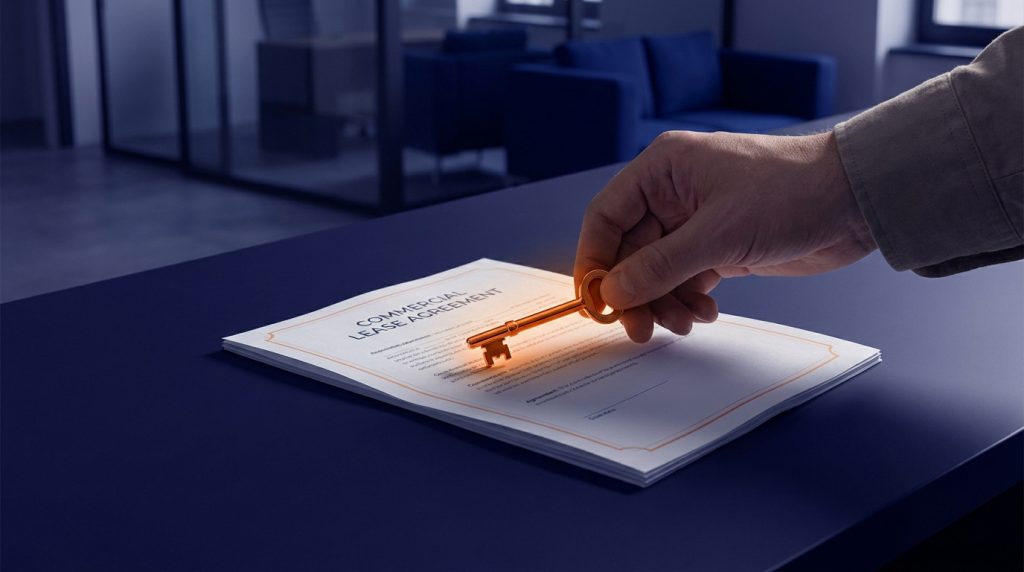 Main tenant une clé dorée brillante au-dessus d'un document de "bail commercial" sur un bureau bleu, dans un environnement de bureau moderne.