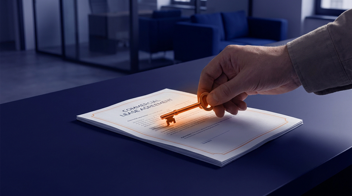 Main tenant une clé dorée brillante au-dessus d'un document de "bail commercial" sur un bureau bleu, dans un environnement de bureau moderne.