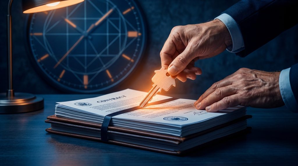Mains masculines posant une clé de maison lumineuse sur un contrat de location relié, avec une horloge en arrière-plan. Contexte de gestion immobilière.