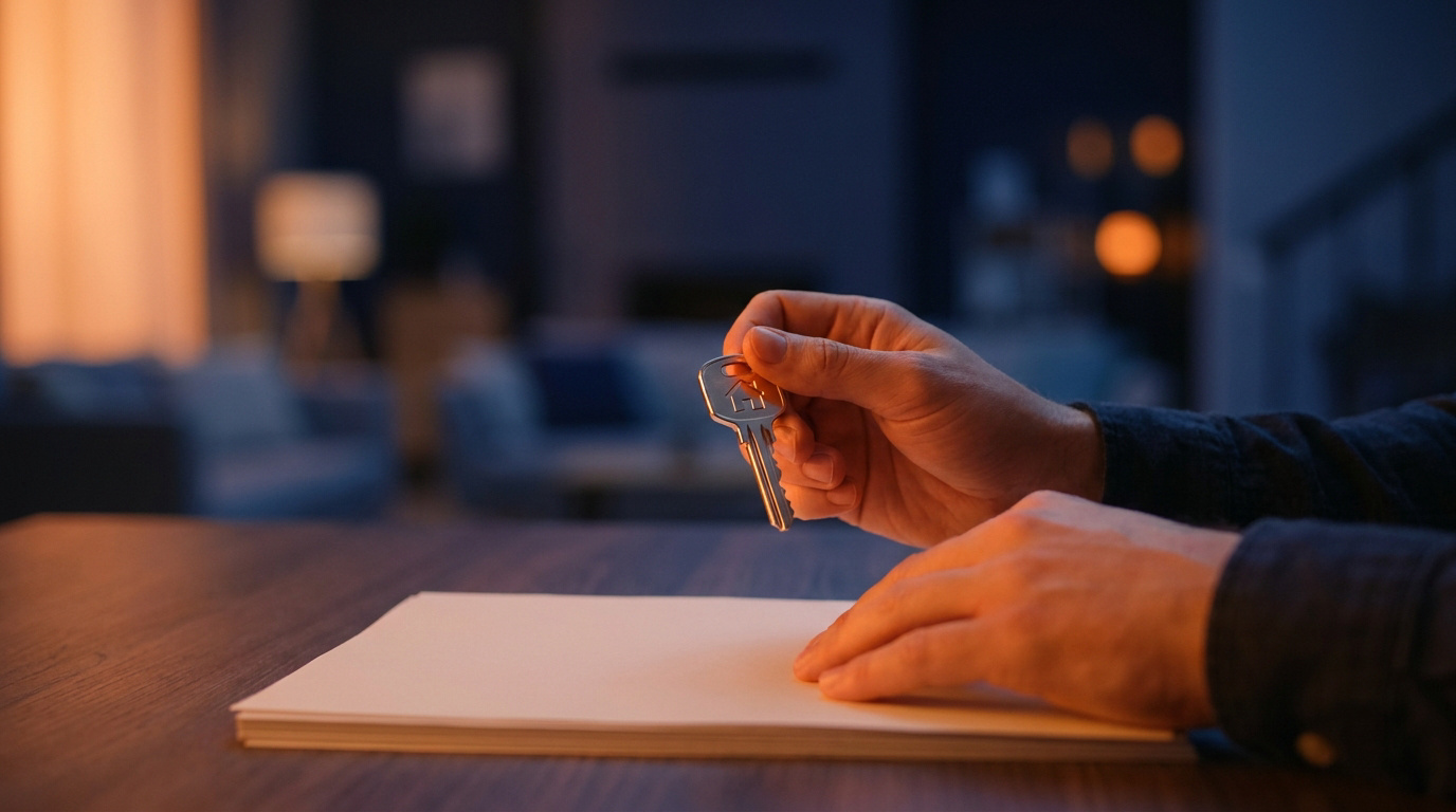 Une main tient une clé de maison au-dessus d'une pile de documents sur une table en bois, dans un intérieur chaleureux et flou.