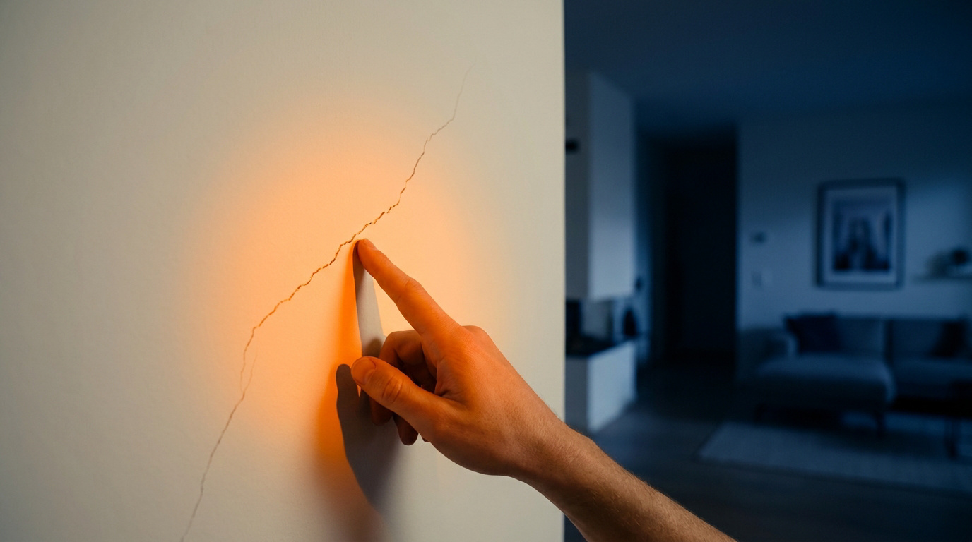 Une main pointe une fissure visible sur un mur blanc. L'image suggère un problème structurel, évoquant un vice caché immobilier.