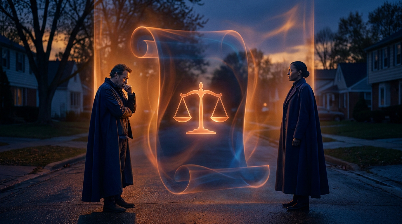 Illustration conceptuelle de la justice. Deux personnes devant une balance de justice flottante sur un parchemin lumineux, en quartier résidentiel au crépuscule.