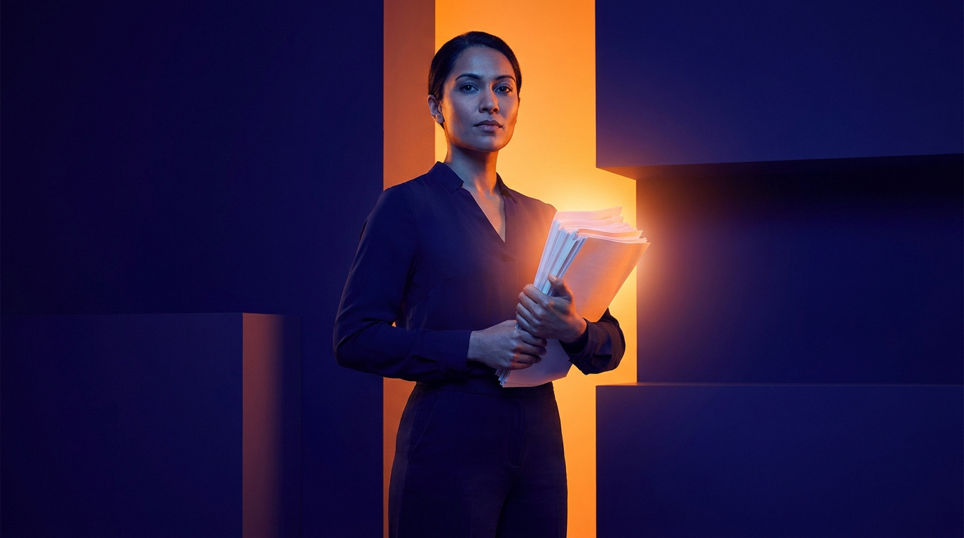 Femme au teint mat, vêtue de sombre, tenant une pile de documents. Éclairée par une lumière orange vif sur fond bleu profond.