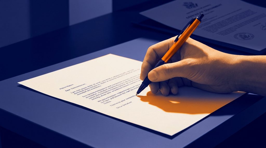 Main écrivant une lettre avec un stylo orange sur un bureau bleu foncé. Un document flou est visible en arrière-plan, suggérant une démarche administrative ou de contestation.