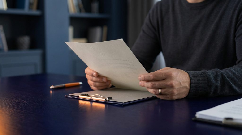 Un homme en pull gris tient et lit un document officiel à son bureau. Un stylo et un presse-papiers sont visibles sur la table bleue.