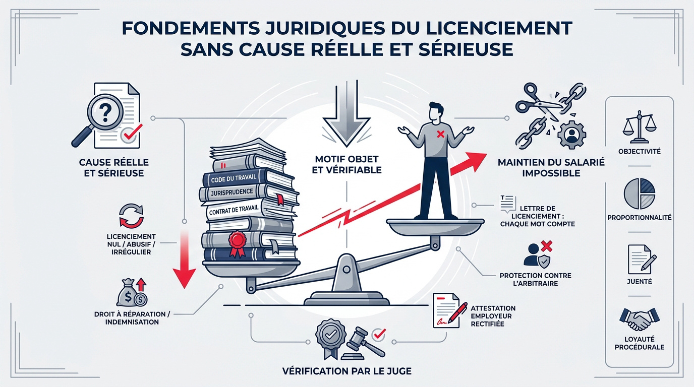 Balance de la justice symbolisant les fondements juridiques du licenciement
