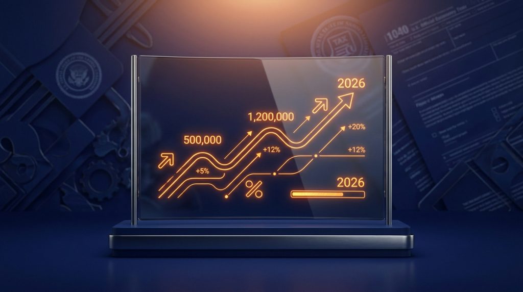 Écran transparent avec un graphique lumineux en orange montrant des montants et pourcentages de croissance jusqu'en 2026, sur fond de documents fiscaux.