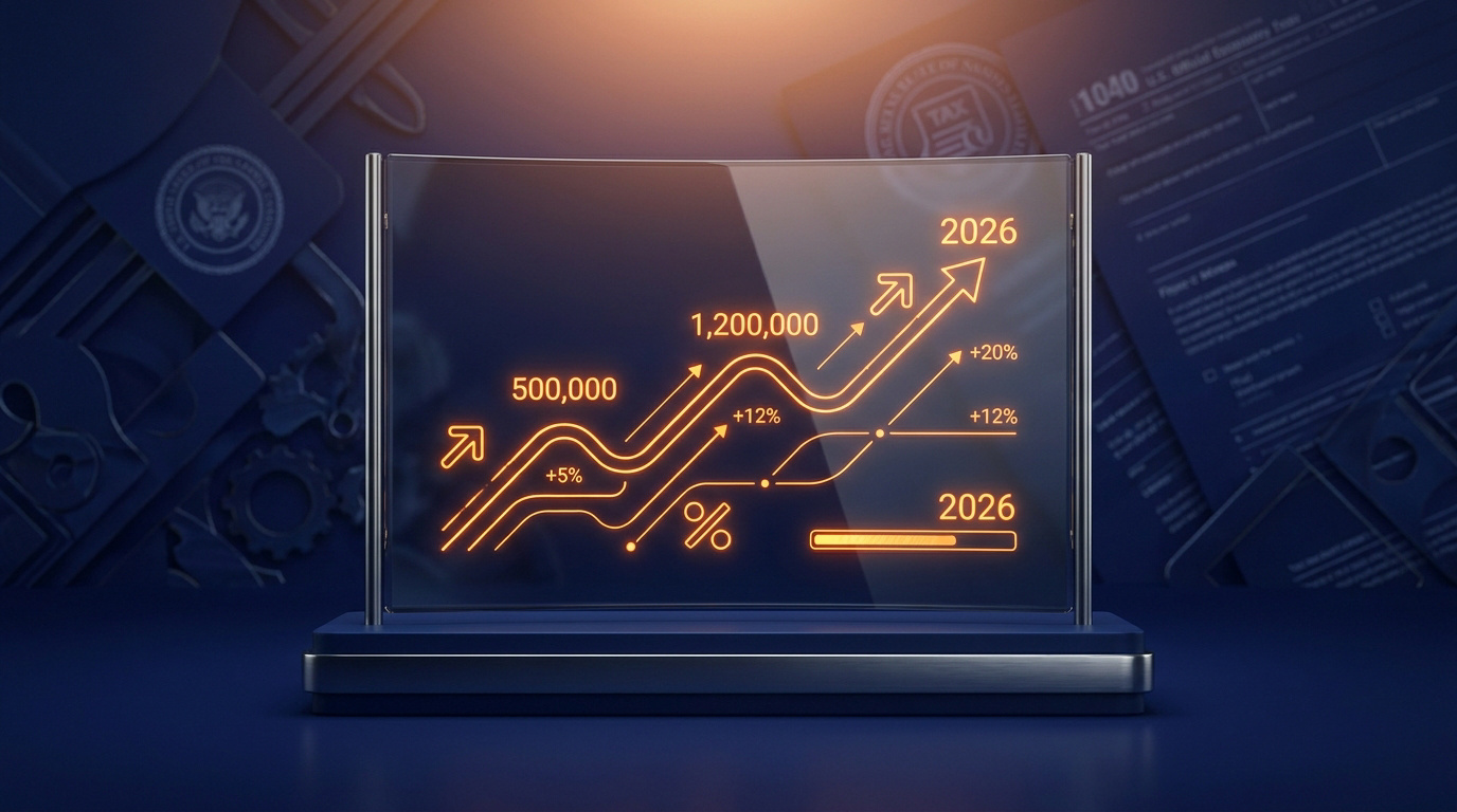 Écran transparent avec un graphique lumineux en orange montrant des montants et pourcentages de croissance jusqu'en 2026, sur fond de documents fiscaux.