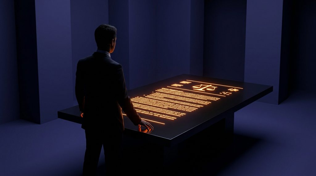 Un homme consulte un document juridique lumineux et numérique, affiché sur une table interactive, avec un symbole de balance de justice.