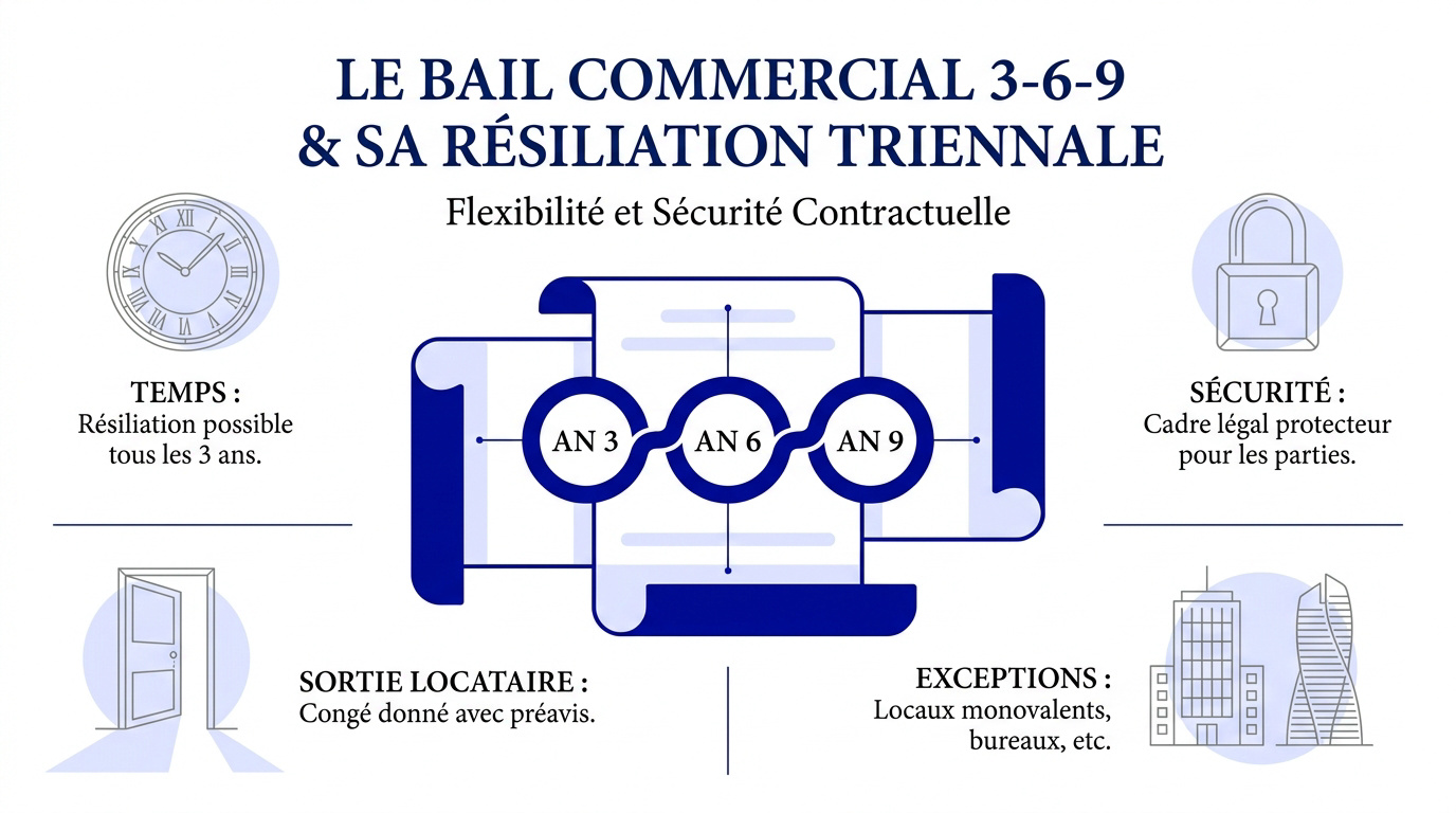 Schéma explicatif de la résiliation triennale d'un bail commercial 3-6-9
