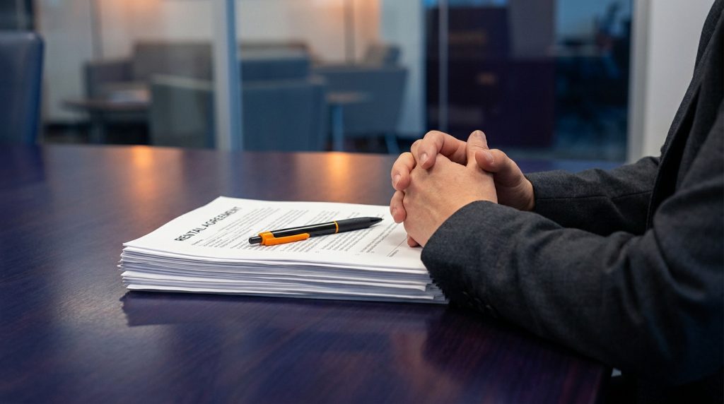 Des mains jointes sur une table foncée, à côté d'un contrat de location ("RENTAL AGREEMENT") et d'un stylo.