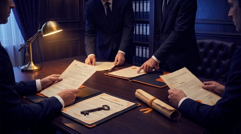 Réunion formelle où des hommes en costumes examinent des documents de succession sur un bureau sombre avec une clé ancienne.