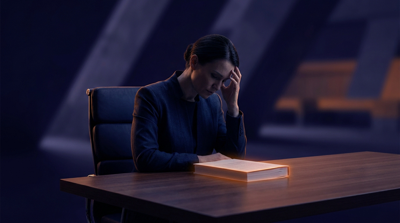 Femme en costume, la main sur la tête, assise à un bureau avec un document qui brille, symbolisant le dossier de reconnaissance du burn-out.