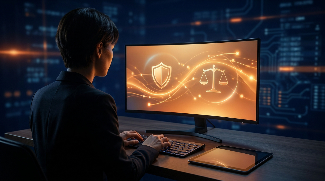 Personne devant un écran d'ordinateur affichant un bouclier et une balance de justice lumineux sur un fond de circuits numériques.