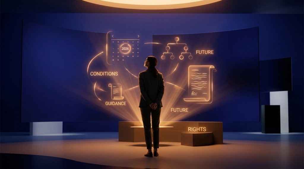 Femme devant un écran holographique bleu affichant calendrier 2026, conditions, droits, guidance pour le futur.