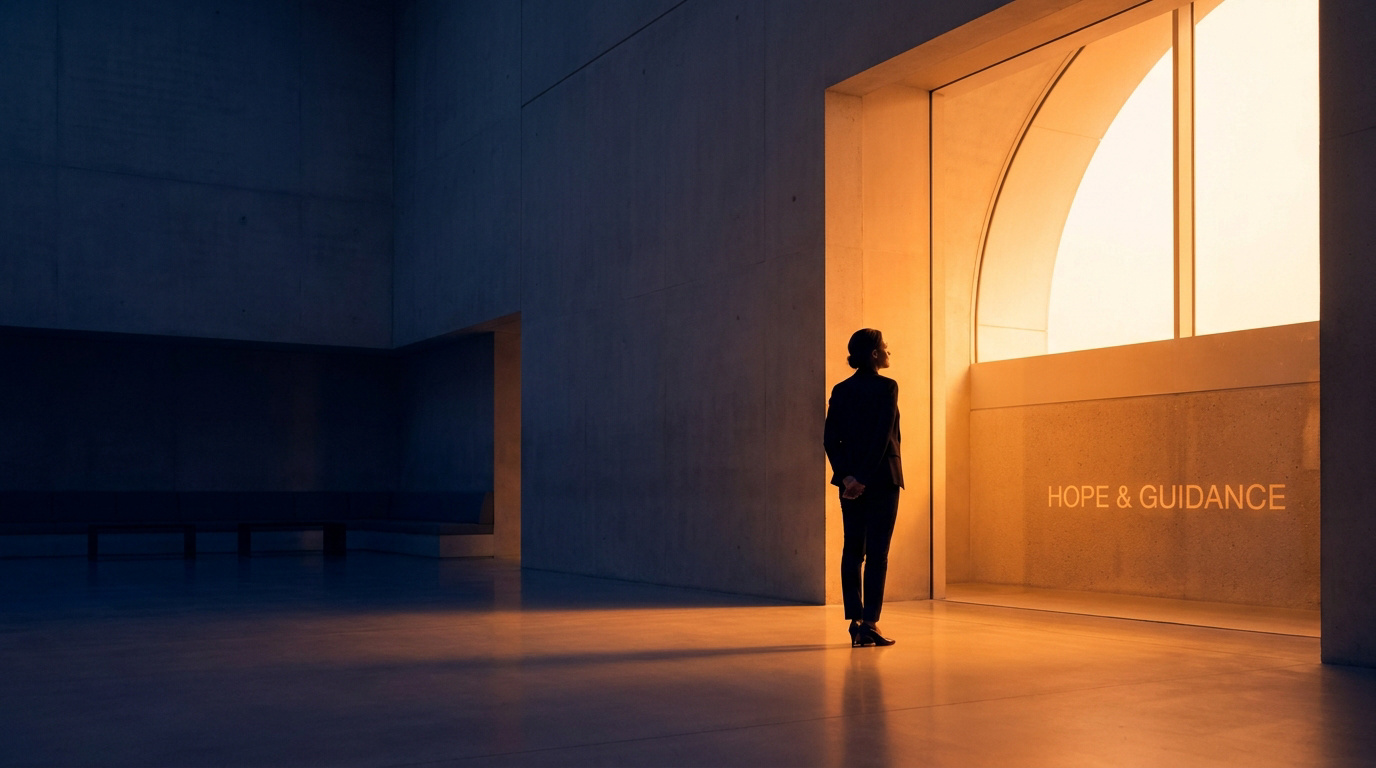 Personne seule dans une pièce sombre, faisant face à une grande fenêtre lumineuse où est écrit "HOPE & GUIDANCE".