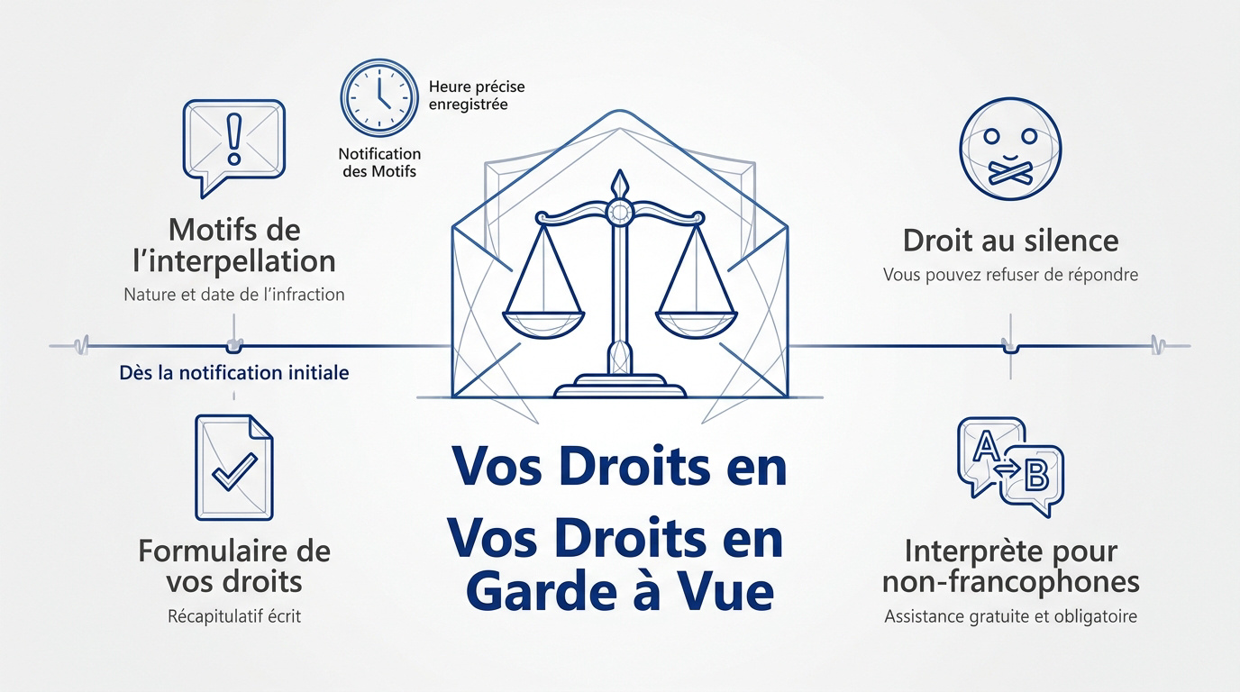 Infographie récapitulative des droits fondamentaux durant une garde à vue en France