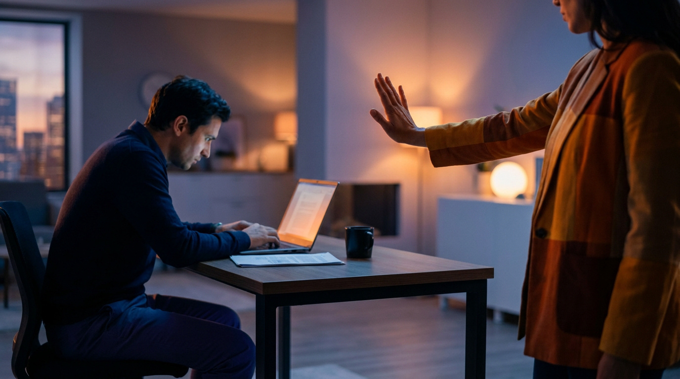 Un homme travaille sur son ordinateur alors qu'une femme lui fait un signe d'arrêt de la main dans un bureau sombre.
