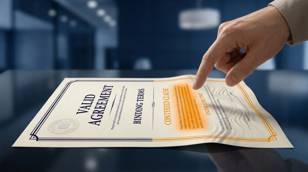 Une main pointe vers un contrat juridique intitulé Valid Agreement avec une section sur une clause contestée.