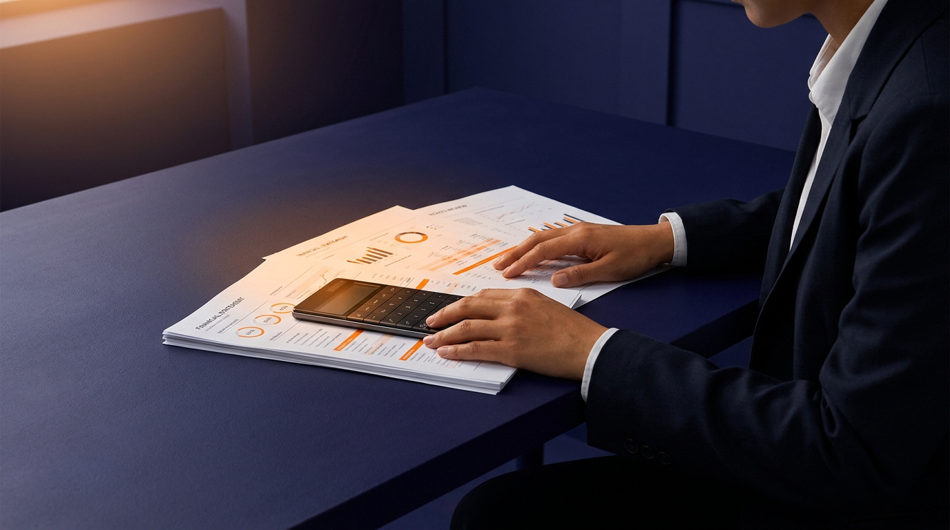Une personne en costume utilisant une calculatrice sur des documents financiers posés sur un bureau bleu sombre.