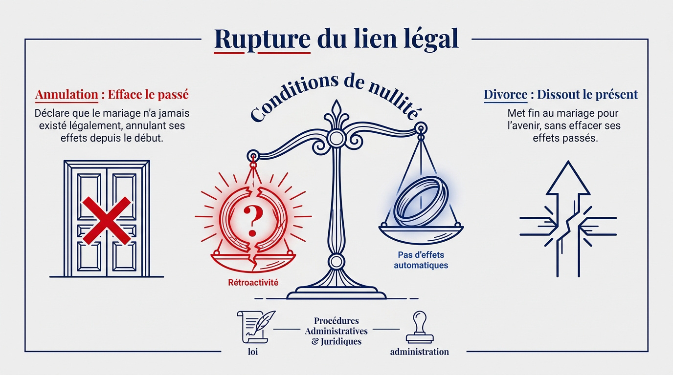 Représentation symbolique de la rupture légale d'un mariage par annulation judiciaire