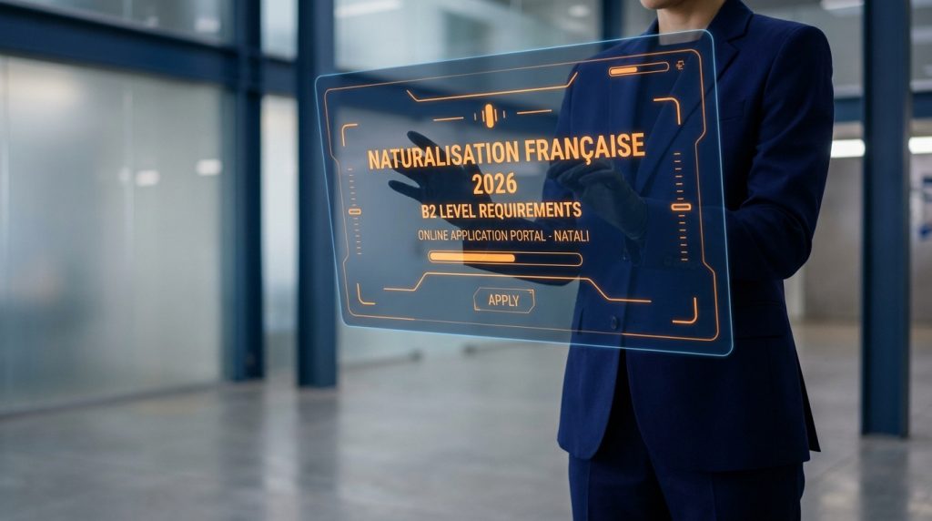 Une personne en costume utilisant une interface holographique numérique pour la naturalisation française en 2026.