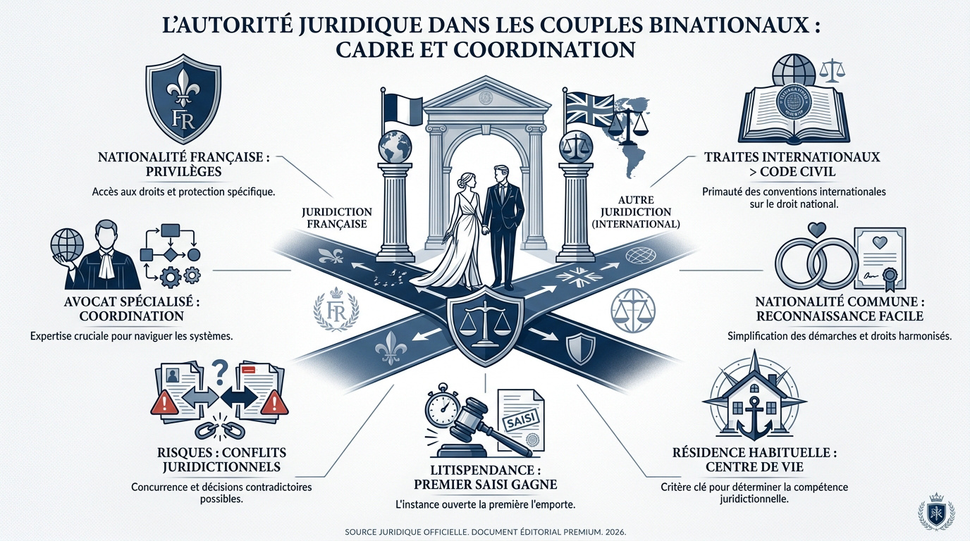 Représentation symbolique de la justice internationale pour les couples expatriés