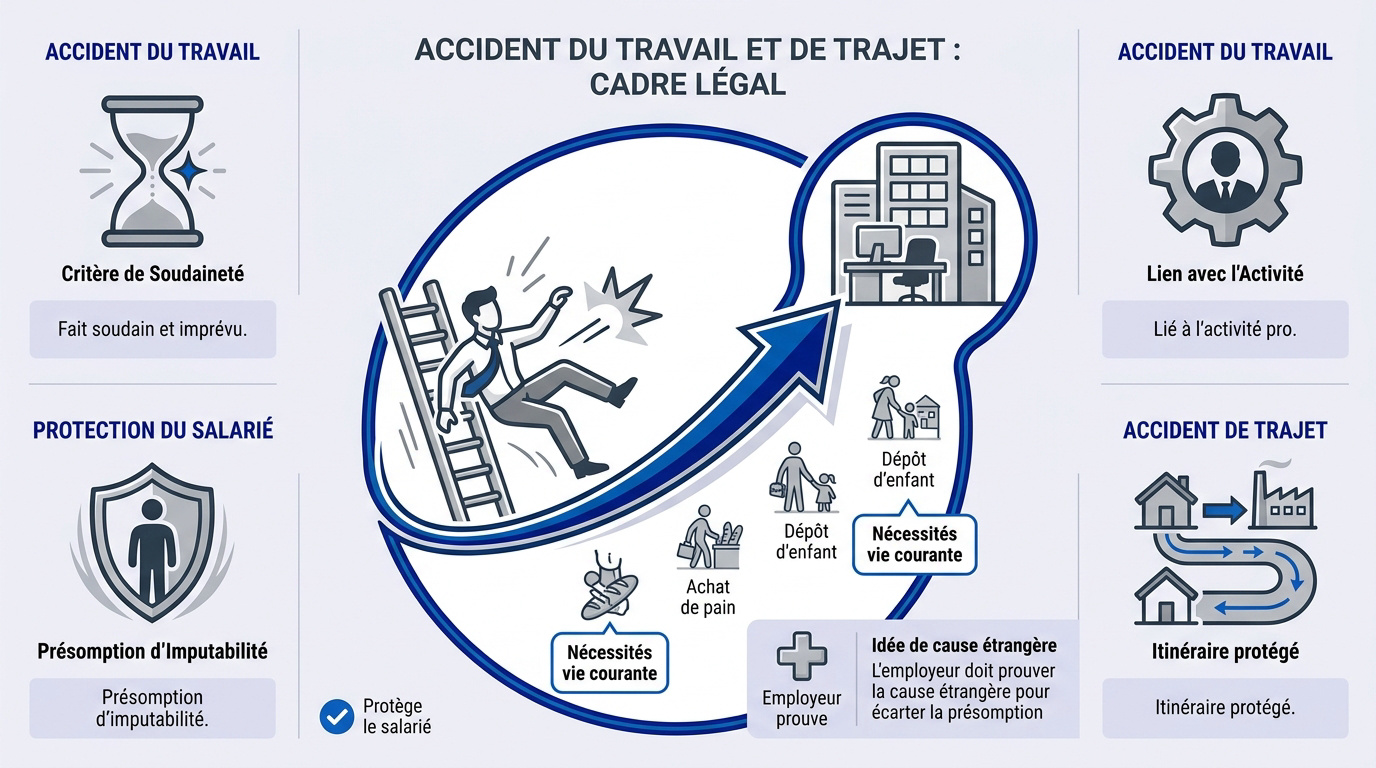 Schéma explicatif du cadre légal entourant l'accident du travail et l'accident de trajet