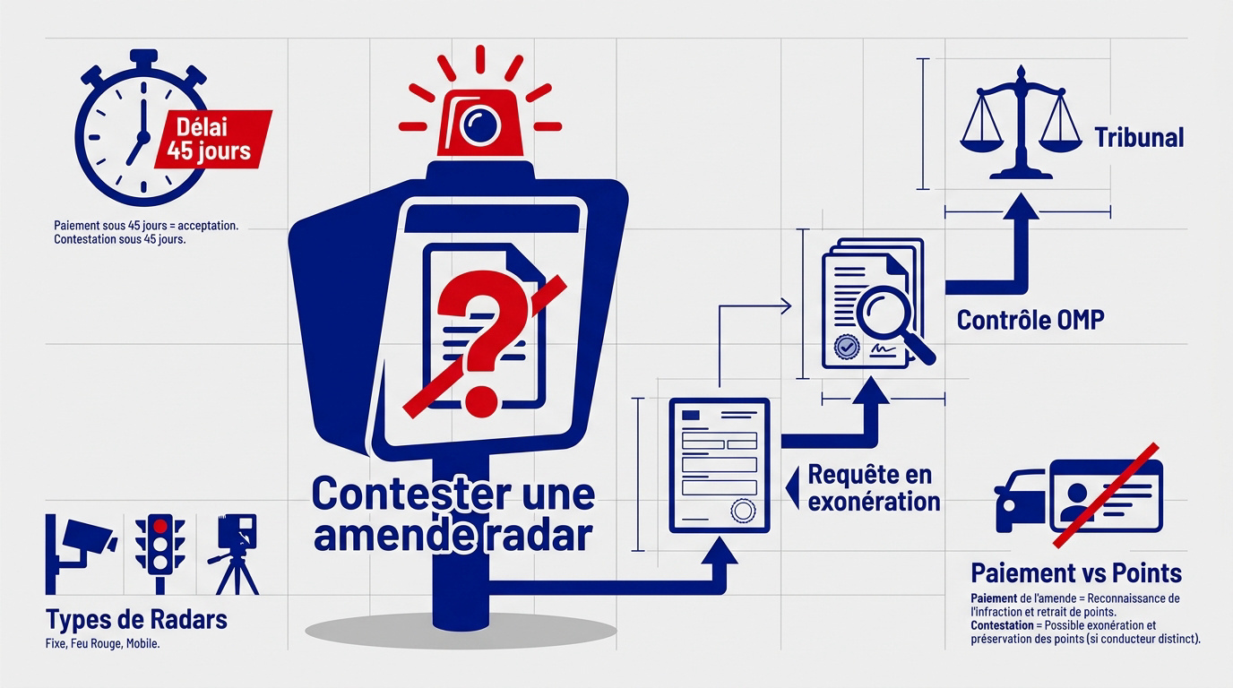 Infographie expliquant les étapes pour contester une amende de radar automatique