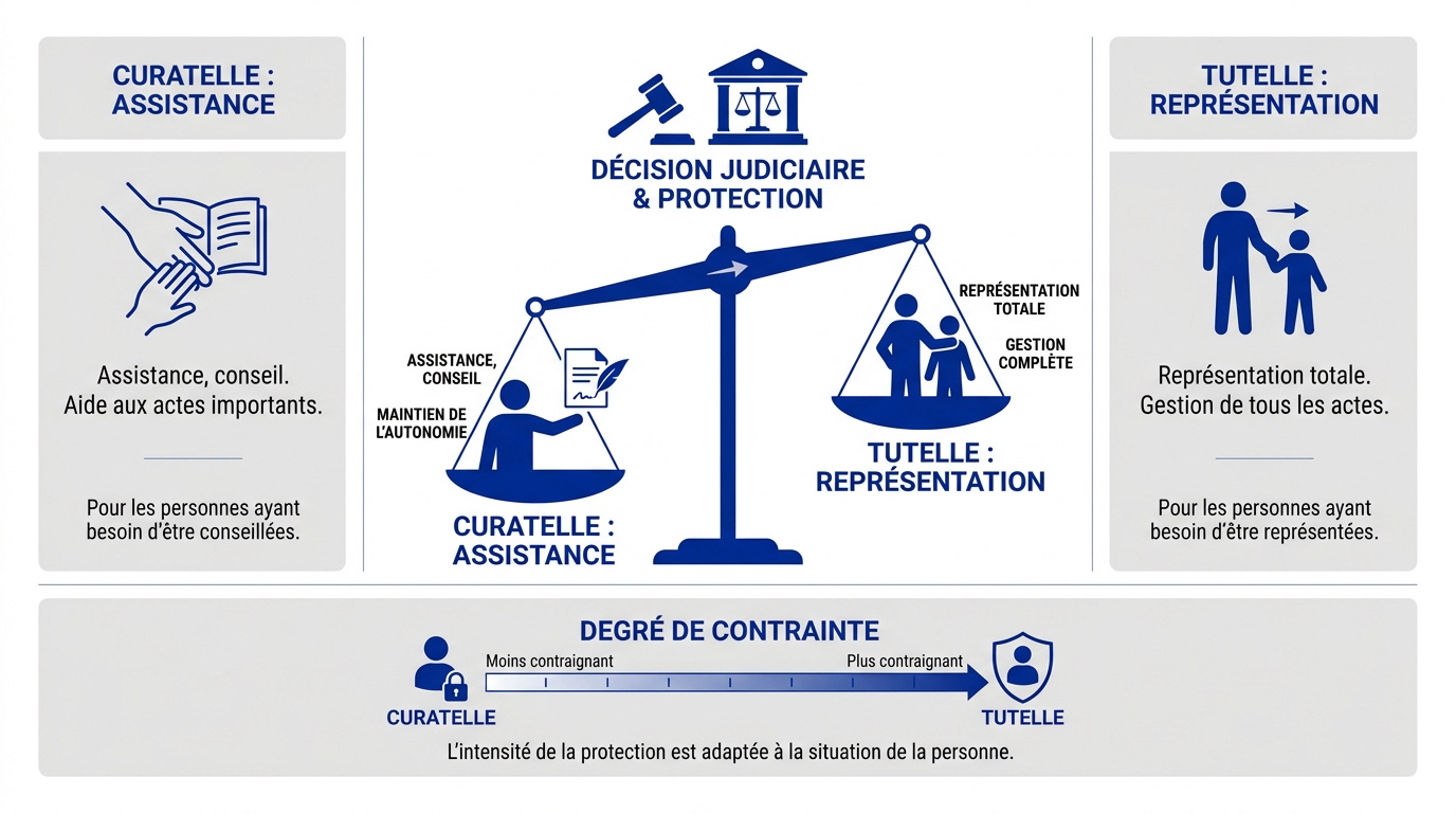 Comparaison entre l'assistance de la curatelle et la représentation de la tutelle pour un majeur protégé