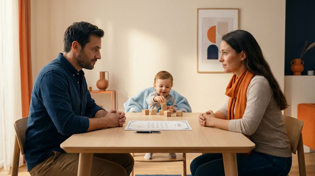 Un couple assis à une table avec un document juridique, leur bébé jouant avec des cubes entre eux.