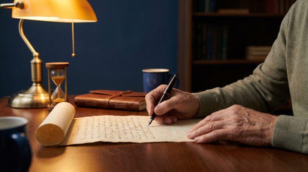 Main d'une personne âgée écrivant un testament à la plume sur un vieux papier sous la lumière d'une lampe de bureau.