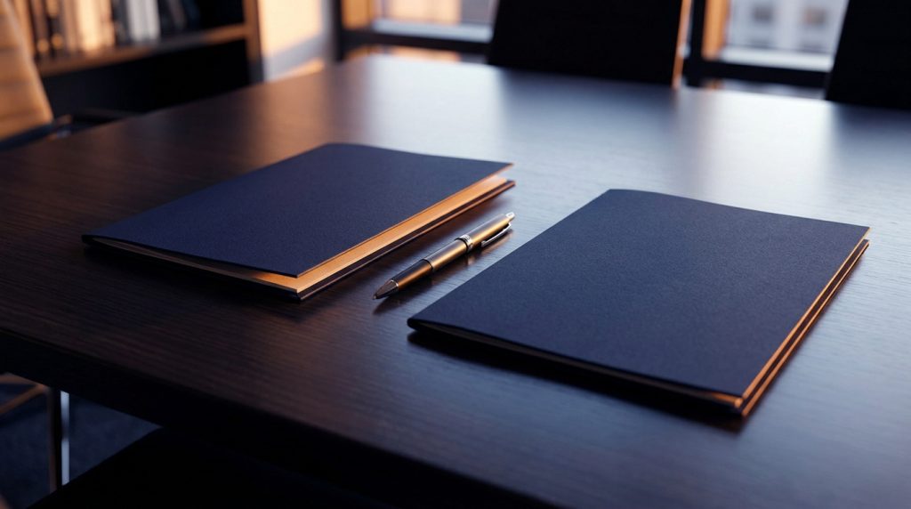 Deux dossiers fermés et un stylo sur une table de bureau en bois sombre, éclairés par une lumière douce.