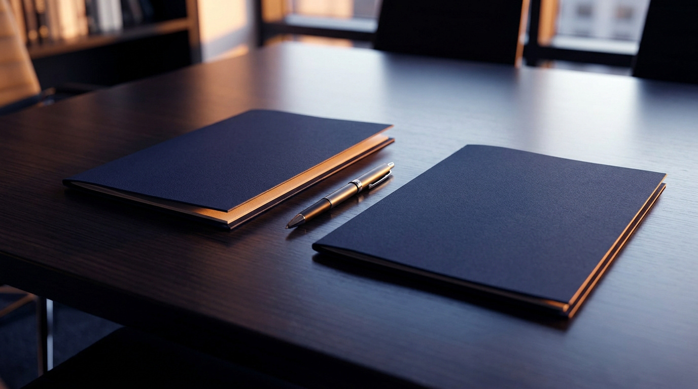 Deux dossiers fermés et un stylo sur une table de bureau en bois sombre, éclairés par une lumière douce.