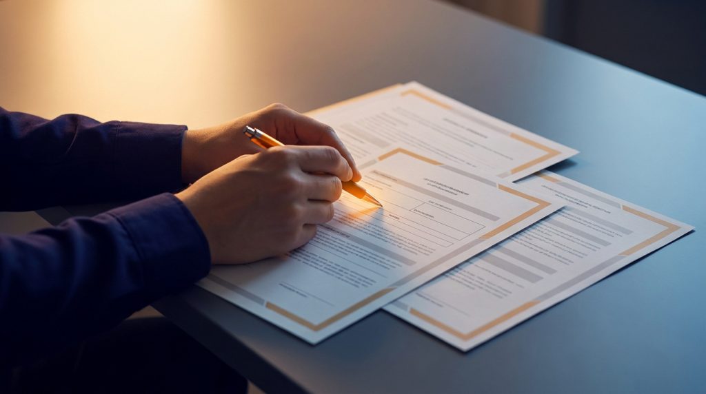 Une personne remplissant un document administratif officiel avec un stylo sur un bureau.