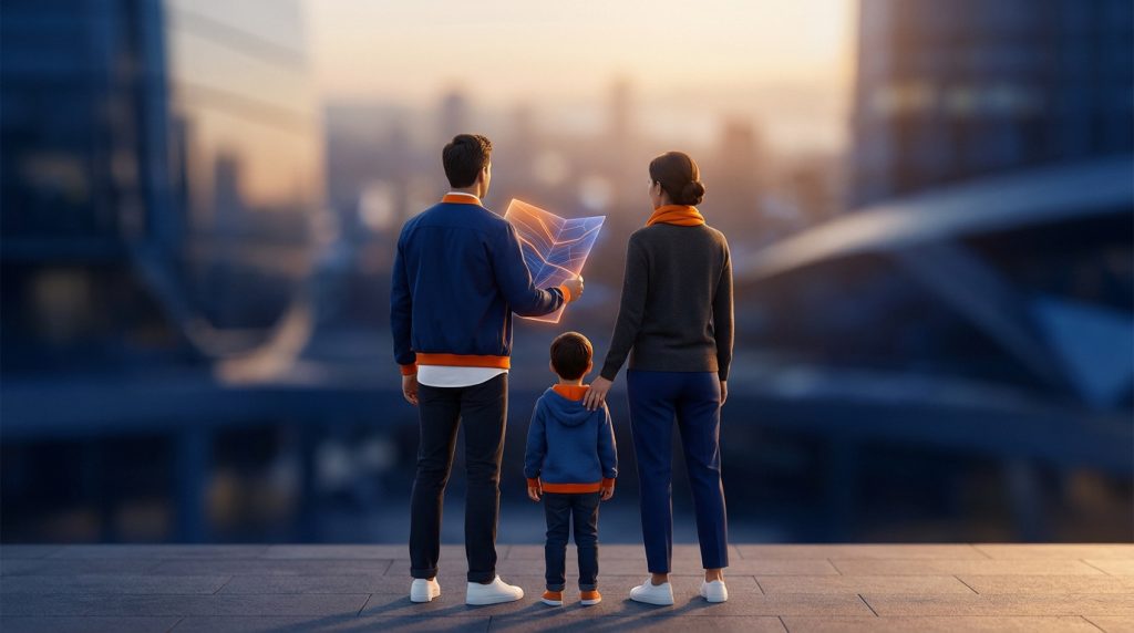 Une famille regarde un plan holographique devant une ville moderne au coucher du soleil.