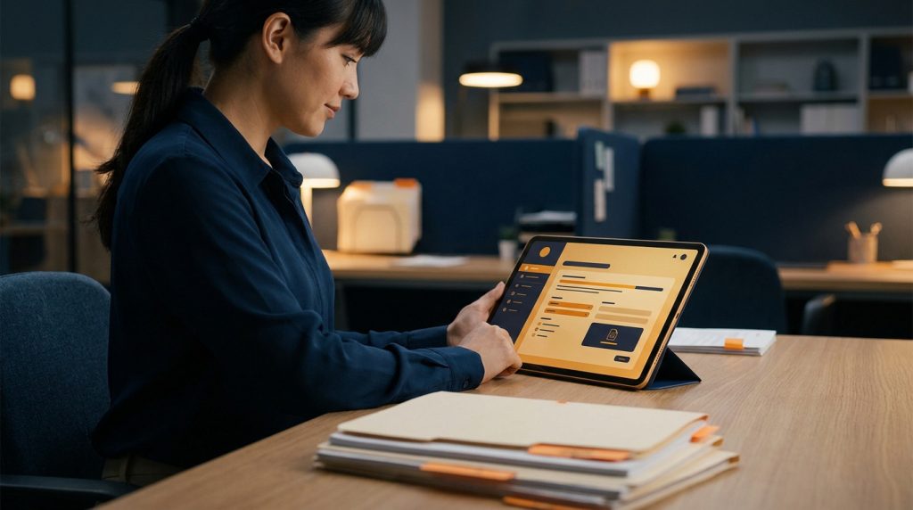 Une femme utilise une tablette pour remplir un formulaire administratif numérique dans un bureau moderne.
