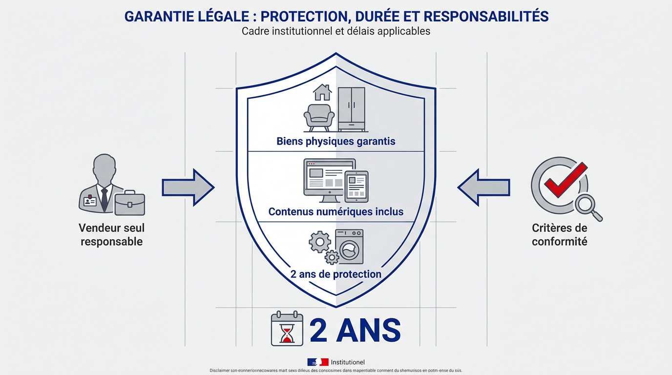 Schéma expliquant la durée et les responsabilités de la garantie légale de conformité