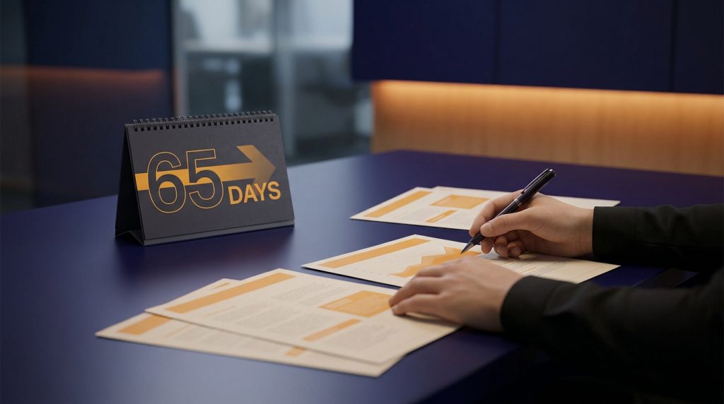Calendrier affichant 65 jours posé sur un bureau près d'une personne travaillant sur des documents professionnels.