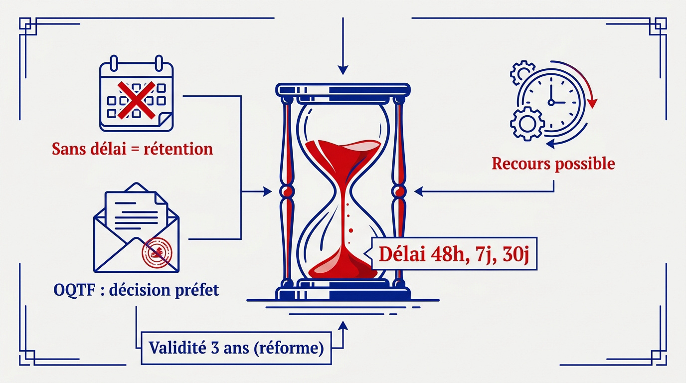 Infographie récapitulative des délais de recours pour une OQTF selon la situation administrative