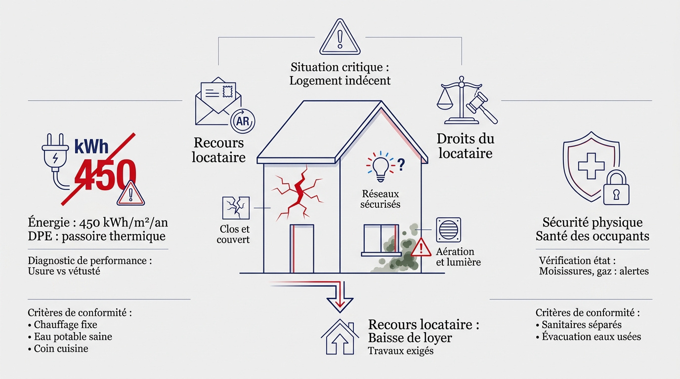 Infographie détaillant les critères d'un logement décent et les droits du locataire pour obtenir des travaux