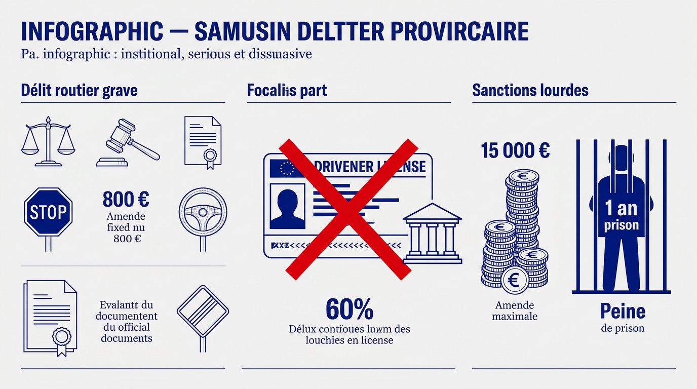 Infographie détaillant les sanctions pénales et amendes pour conduite sans permis et délits routiers