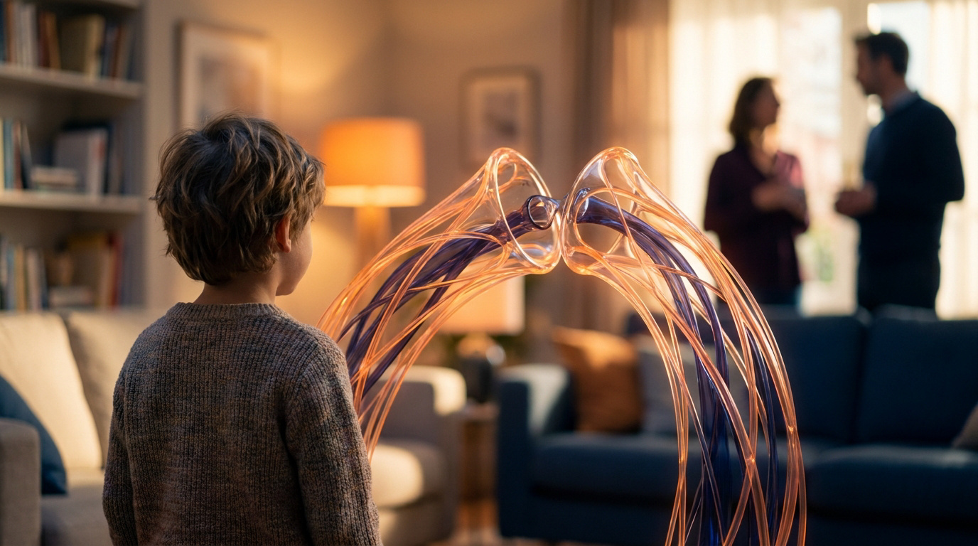 Un enfant regarde une structure abstraite séparant deux parents flous dans un salon.