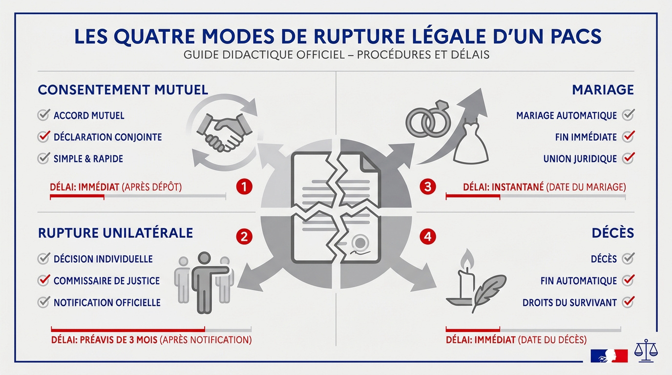 Schéma explicatif des quatre modes de rupture légale d'un PACS