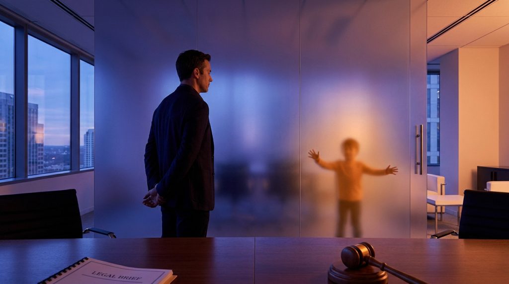 Un père regarde son enfant derrière une paroi en verre, avec un marteau de justice au premier plan.