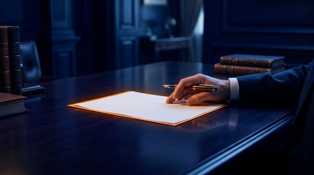 Main d'un homme en costume tenant un stylo plume au-dessus d'une feuille blanche sur un bureau sombre.