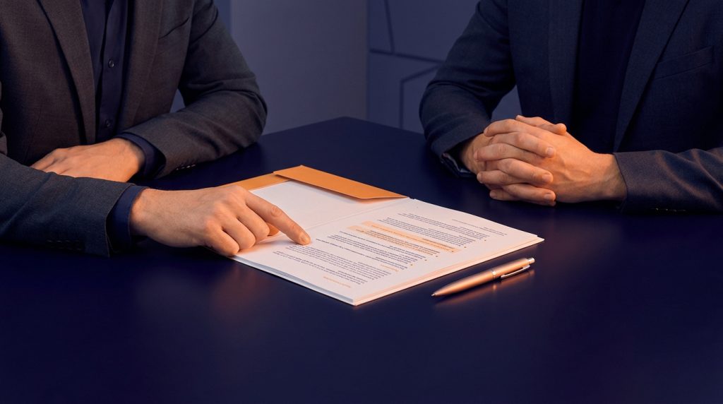 Deux personnes en costume discutant autour d'un document juridique posé sur une table sombre avec un stylo.